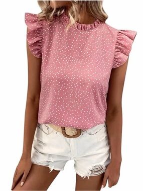 Blu Pepper Pink Polka Dot Ruffle Sleeve Cute Summer Women's Top